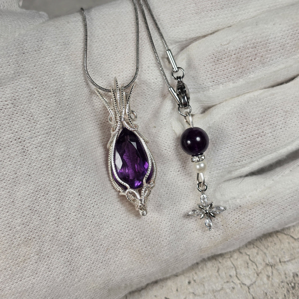 Pendentif améthyste naturelle wire wrapping argent et collier onyx étoile