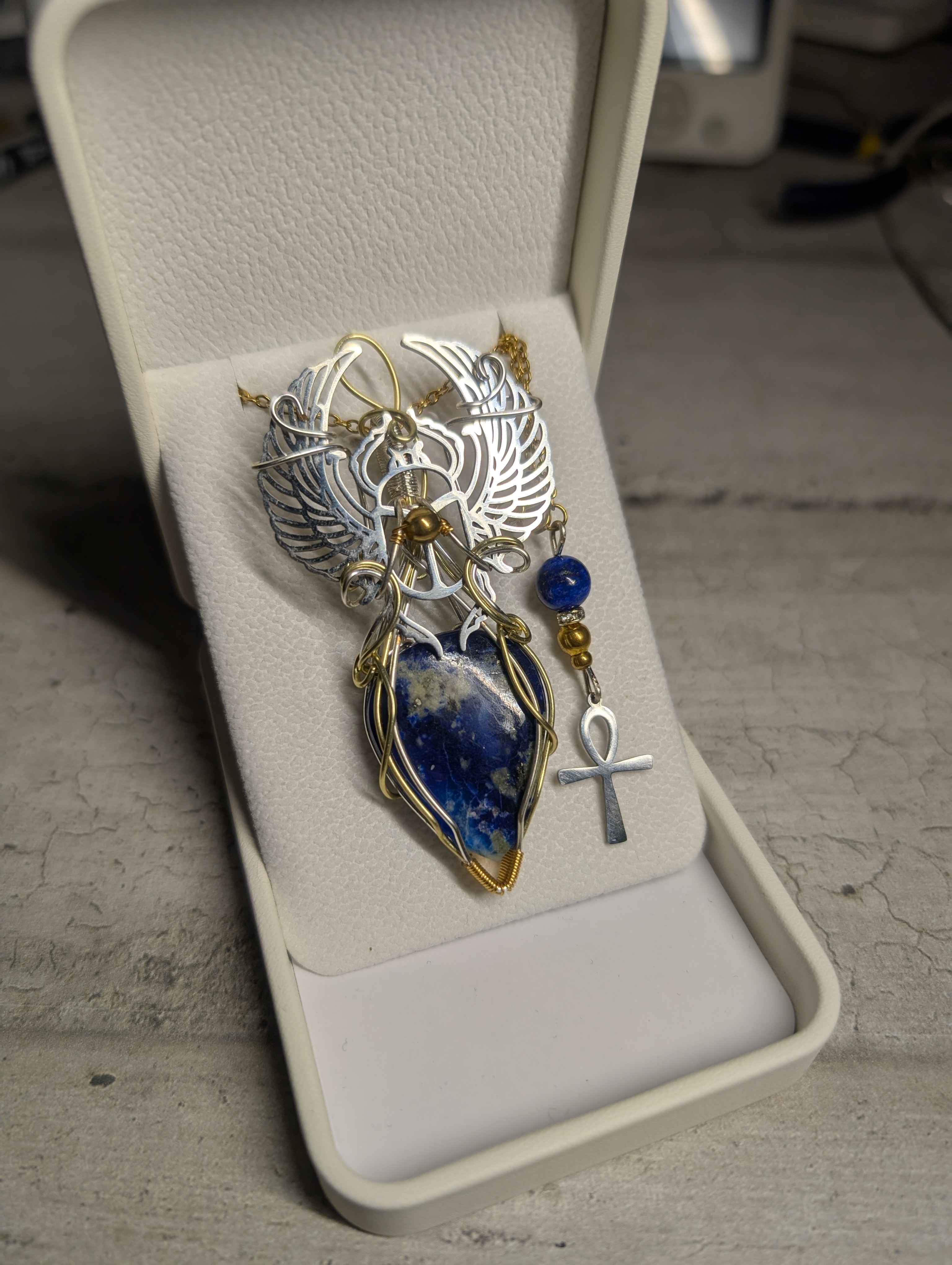 Pendentif Afghanite Naturelle Cuivre Patiné Argent Doré - Création Unique