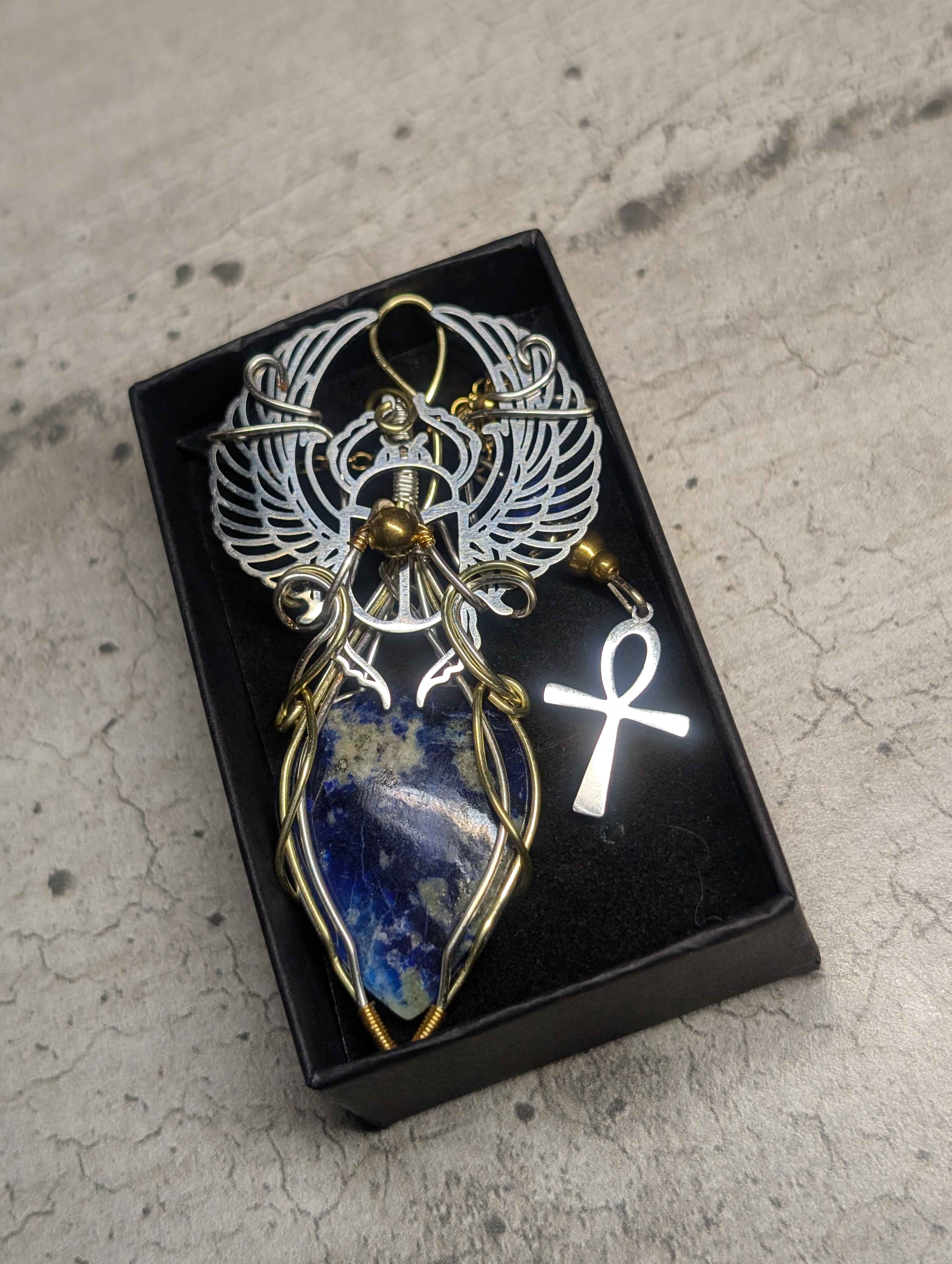 Pendentif Afghanite Naturelle Cuivre Patiné Argent Doré - Création Unique