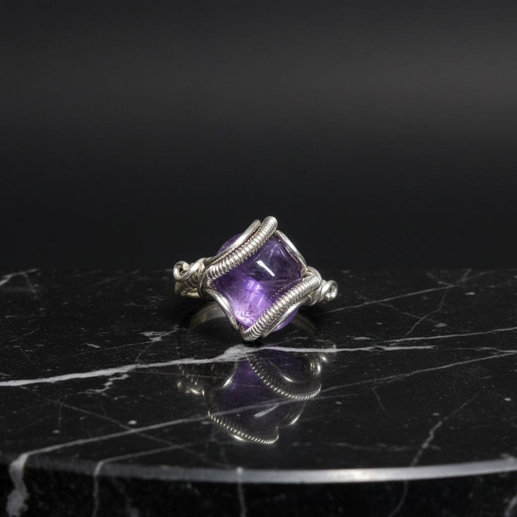 Bague améthyste carrée cage fil argenté marbre noir