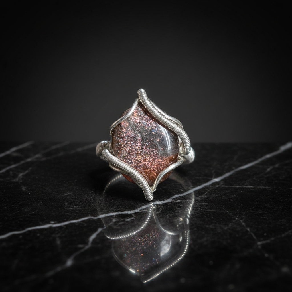 Bague druzy cuivre irisé losange marbre noir
