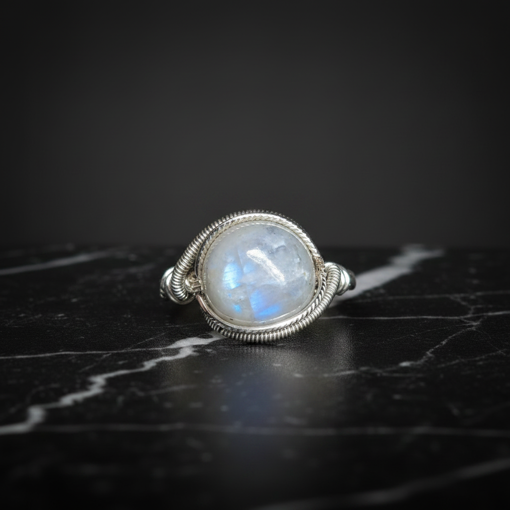 Bague pierre de lune ronde bleue fil argenté marbre noir