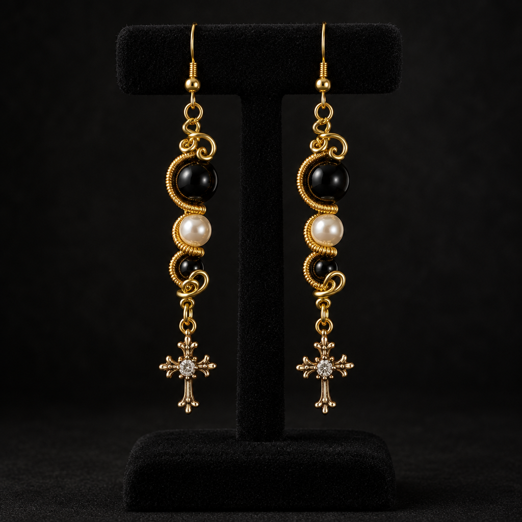 Boucles d’oreilles dorées sur support noir, style dark luxe