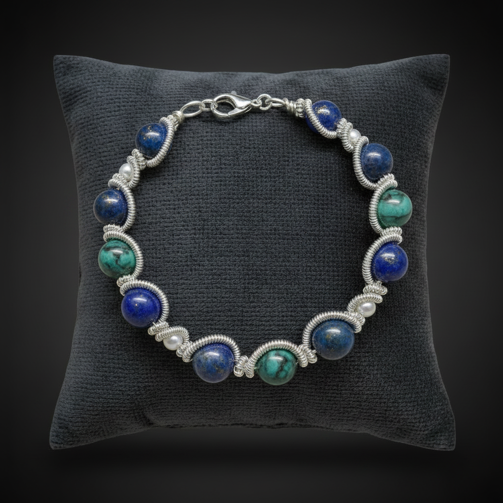 Bracelet azurite malachite lapis lazuli coussin velours fond noir