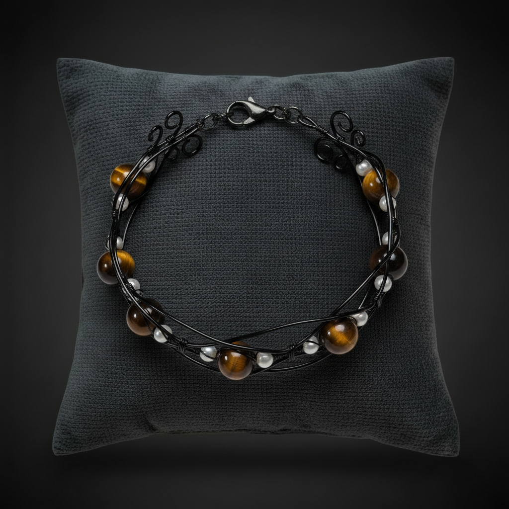 Bracelet œil de tigre fil noir sur coussin anthracite