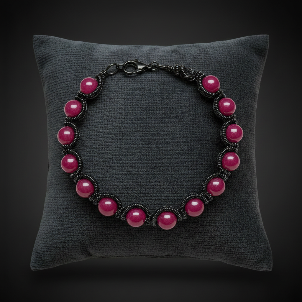Bracelet jade framboise fil noir coussin velours fond noir