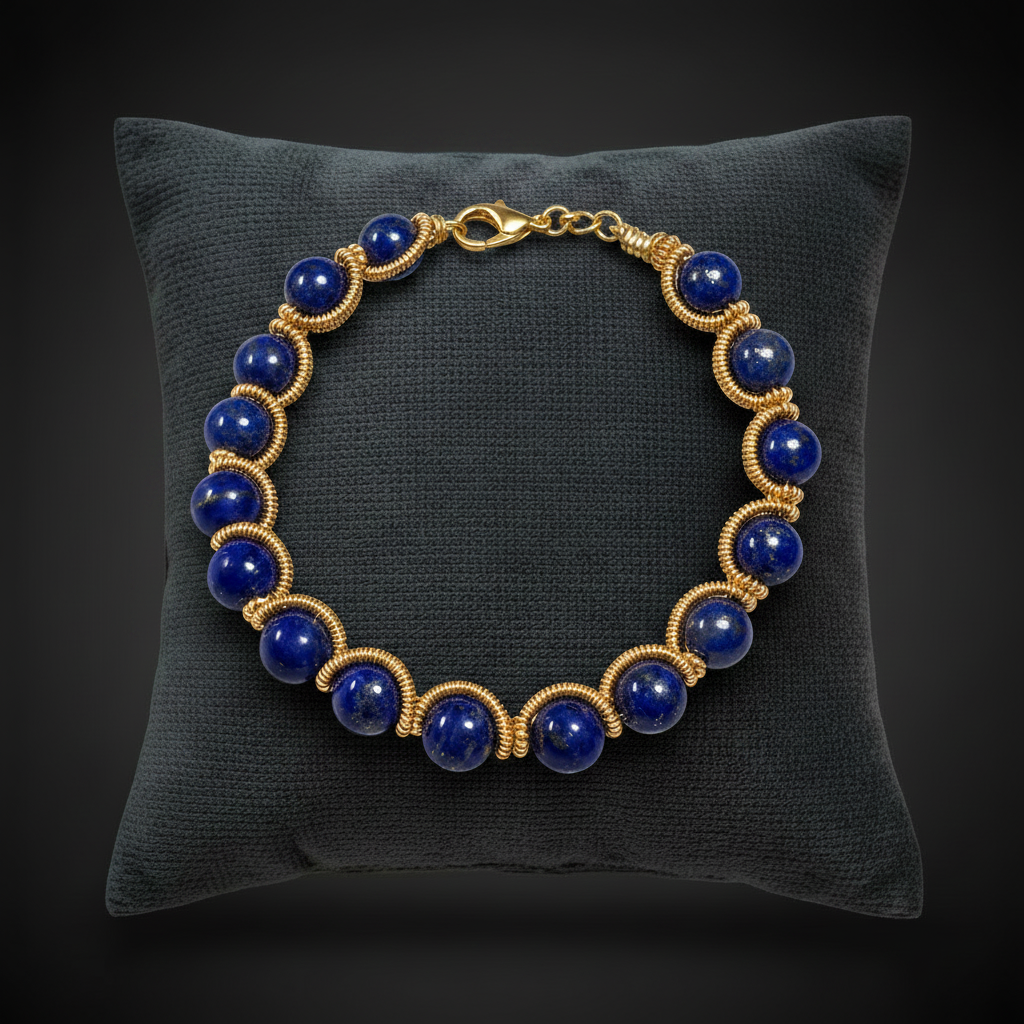 Bracelet lapis-lazuli sur coussin anthracite fond noir