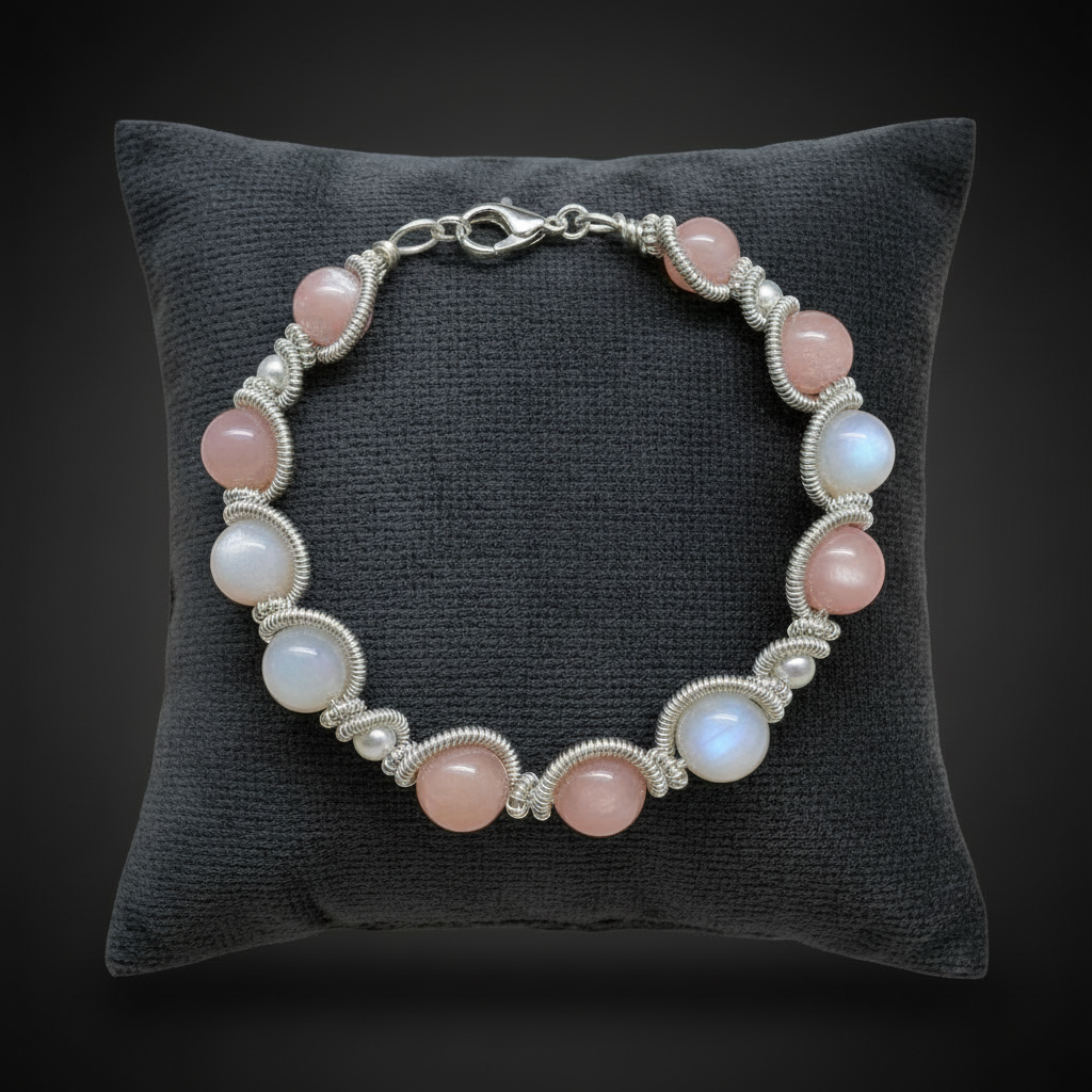 Bracelet opale rose pierre de lune blanche coussin velours fond noir
