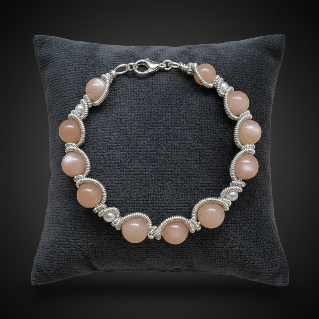 Bracelet pierre de lune pêche sur coussin velours fond noir