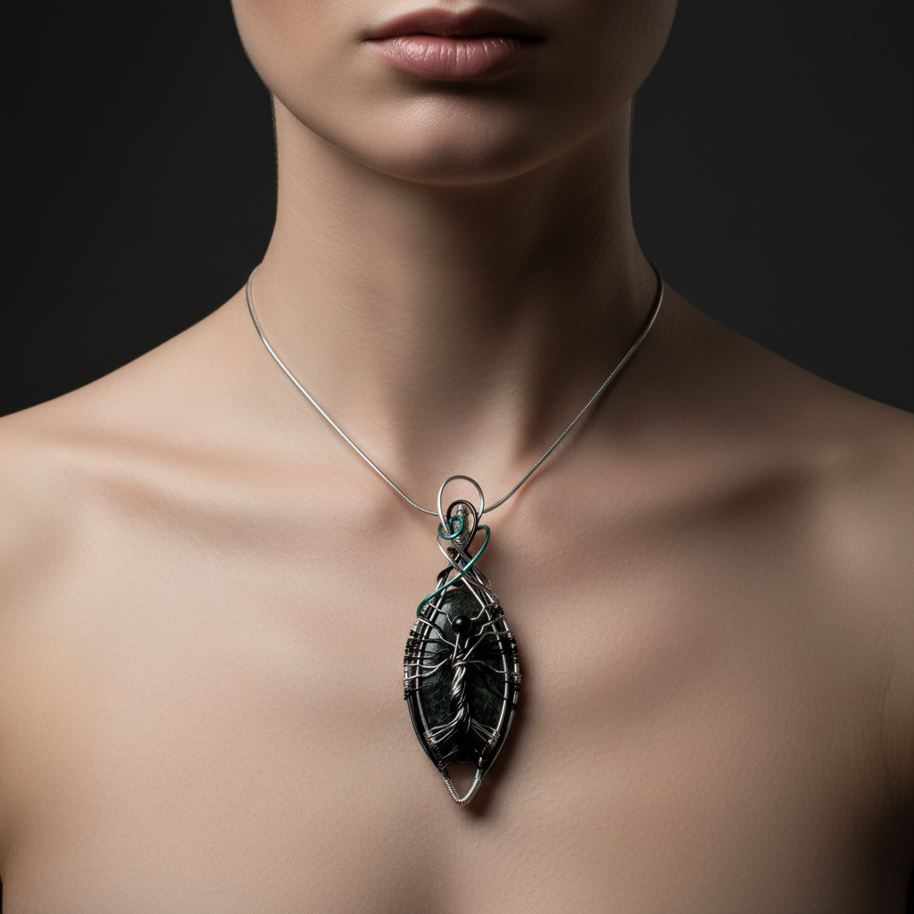 Pendentif Arbre de Vie — Tourmaline Verte Wire Wrapping Fait Main