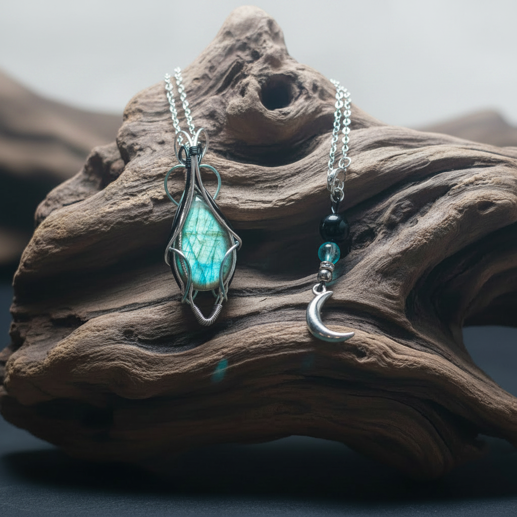 Labradorite sur bois flotté de face