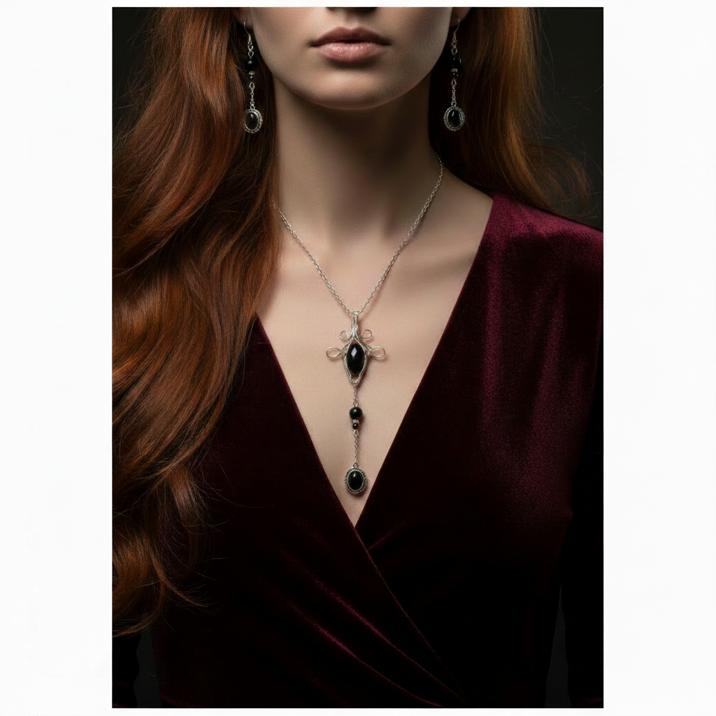 Parure onyx noir - format carré cheveux roux robe bordeaux