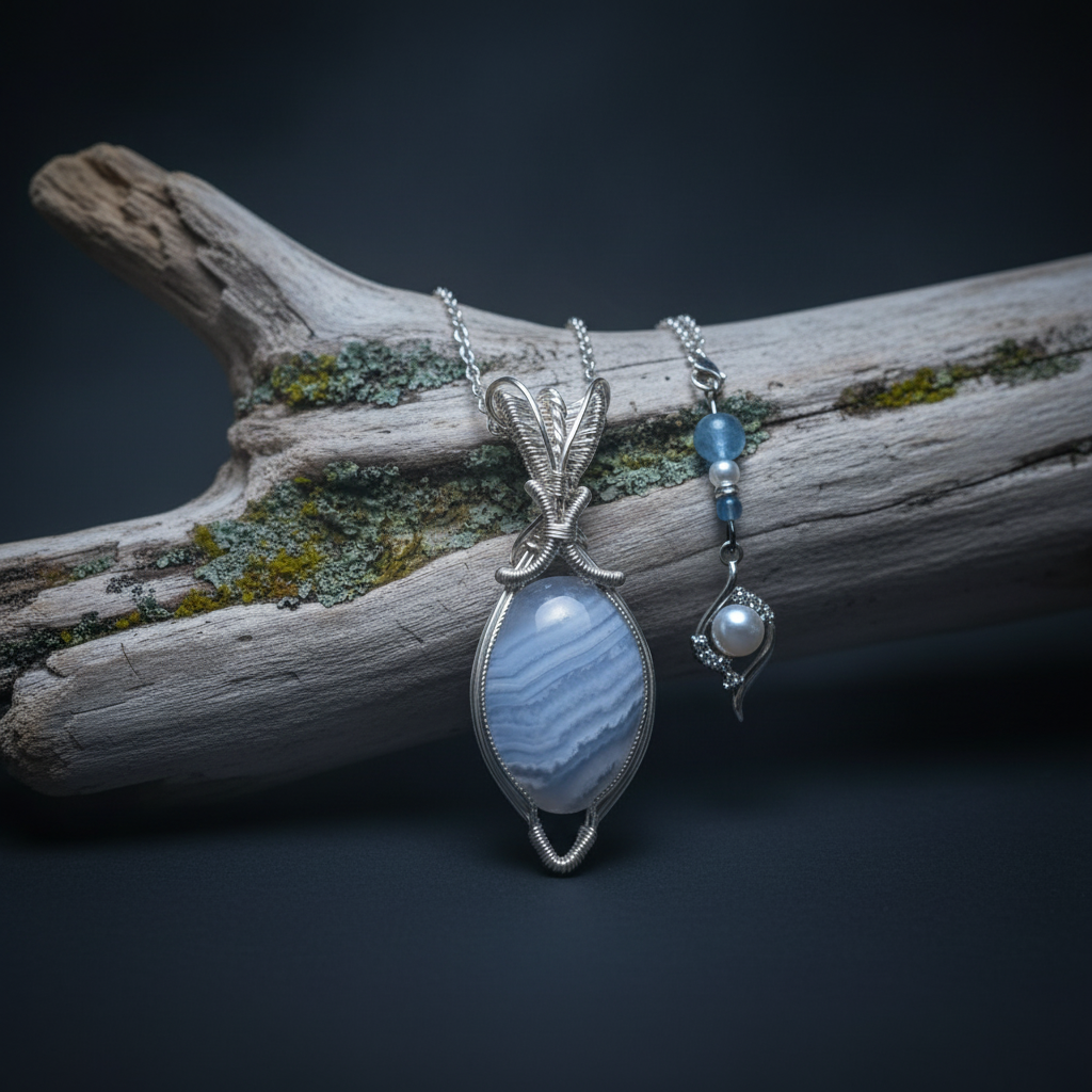 Pendentif calcédoine bleue - bois nature luxe bleu