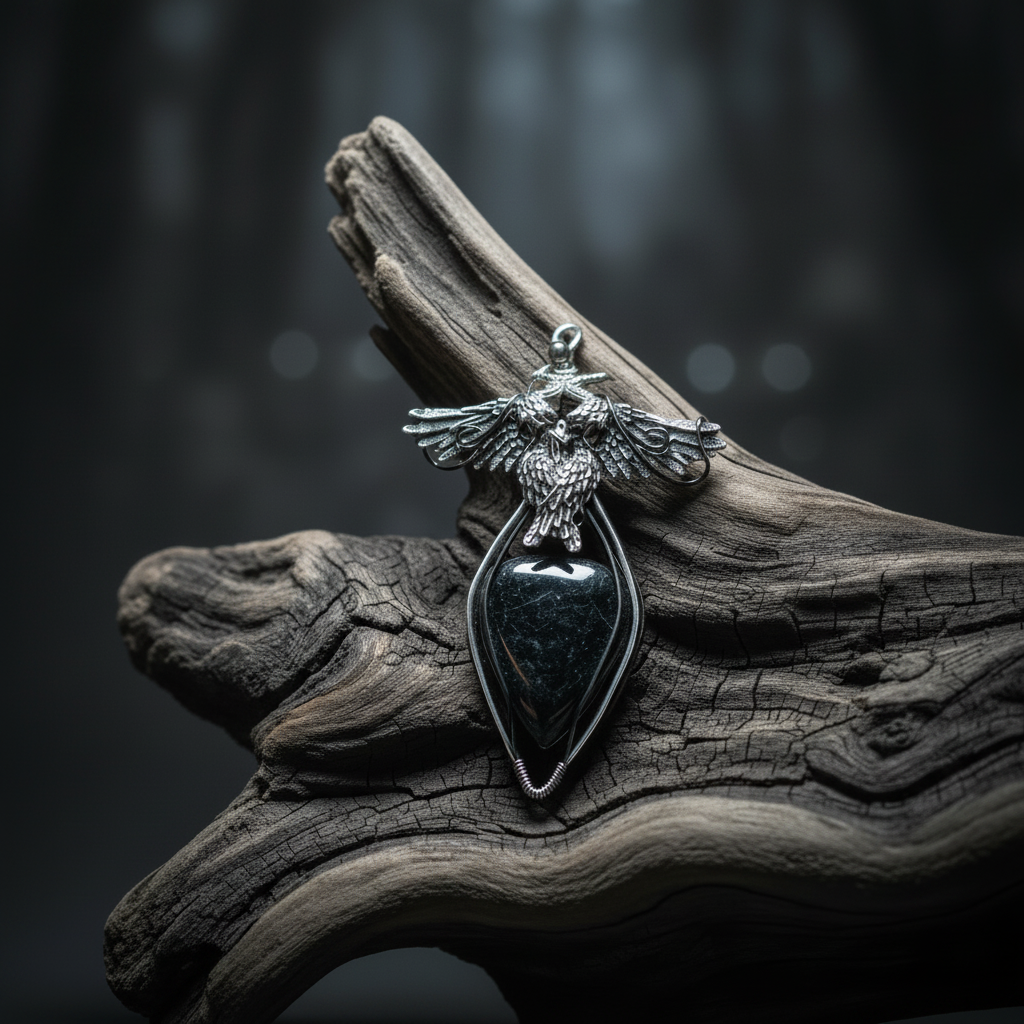 Pendentif corbeau obsidienne - format carré