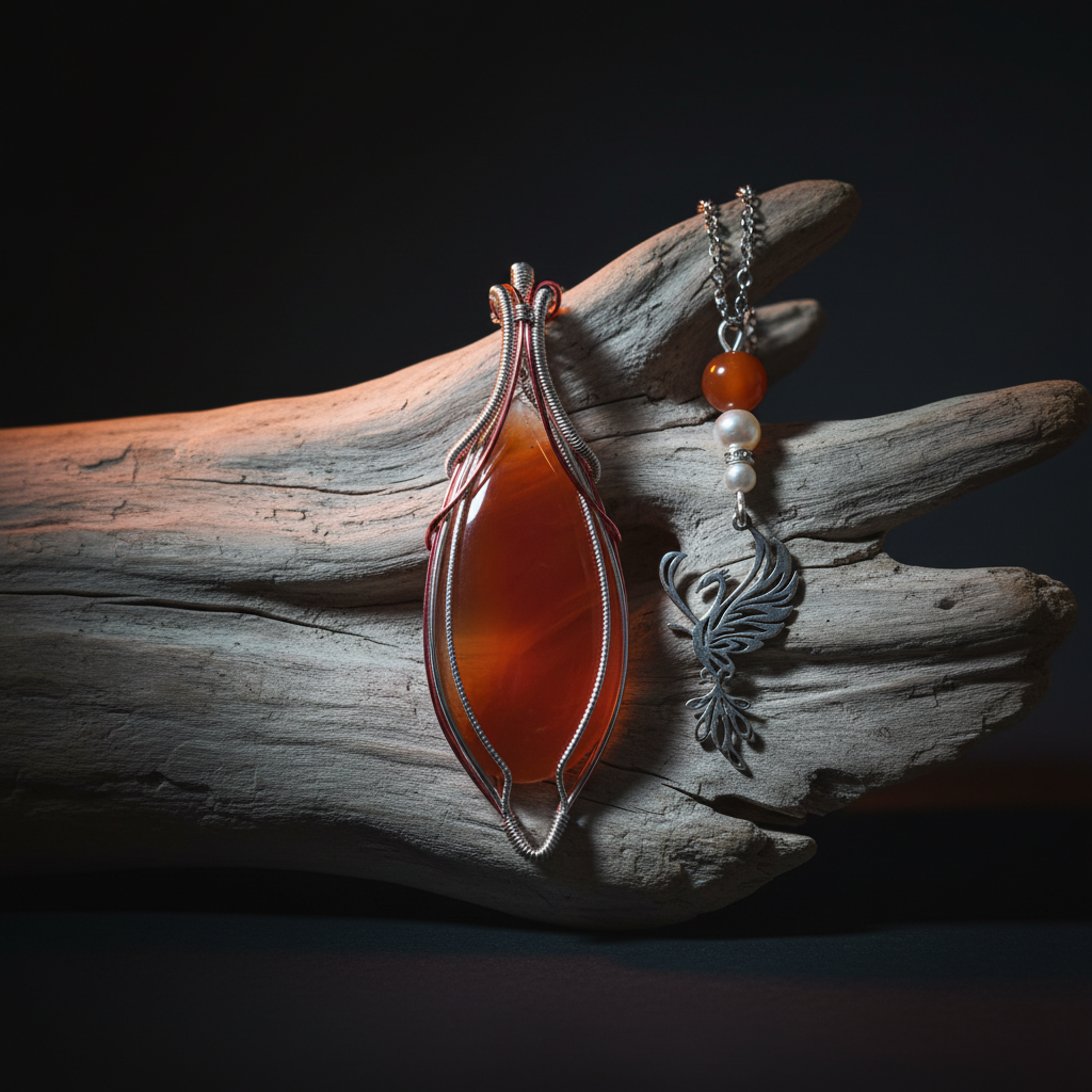 Pendentif Cornaline Phénix – Bois Flotté avec photo réelle