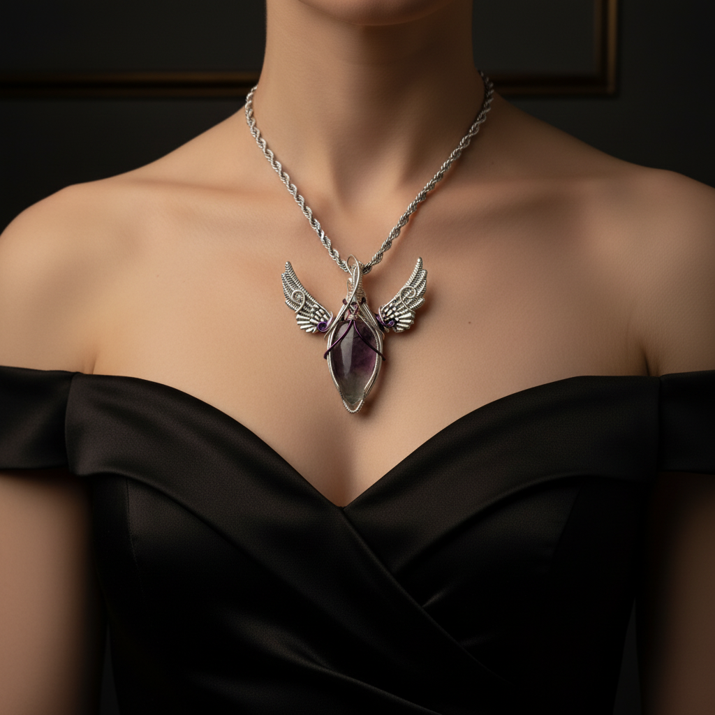 Pendentif fluorite ailes porté - format carré