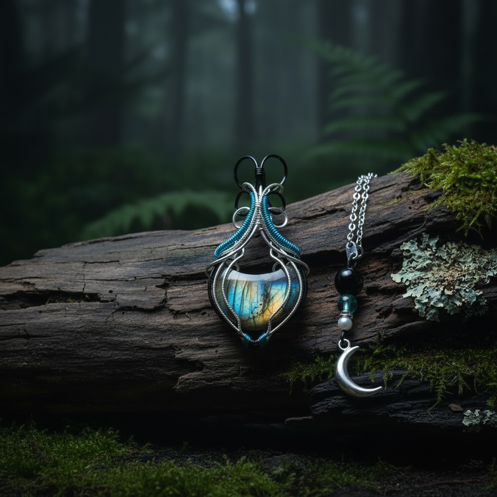 Pendentif labradorite teal - droit vertical forêt