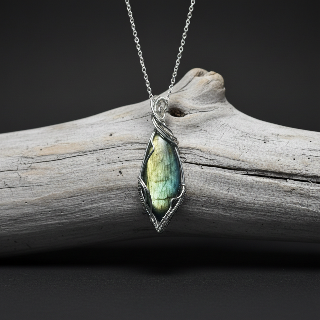 Pendentif labradorite verte marquise sur bois flotté fond noir