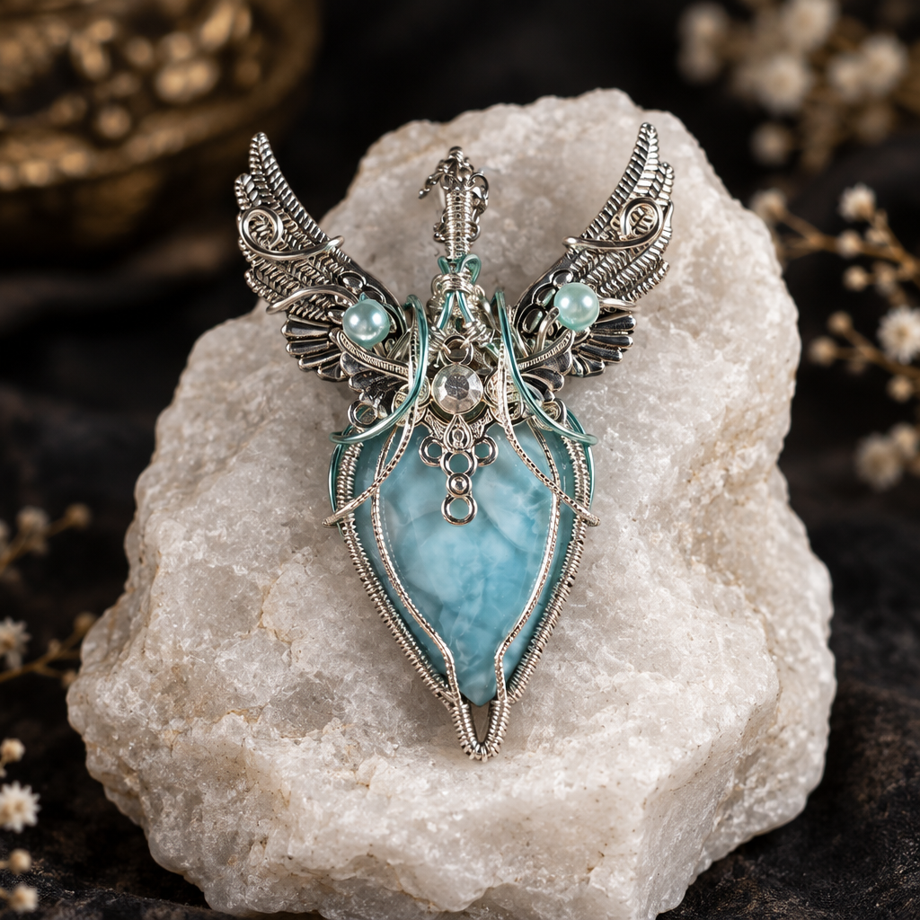 Pendentif larimar et ailes d'ange posé sur une pierre blanche, fond sombre