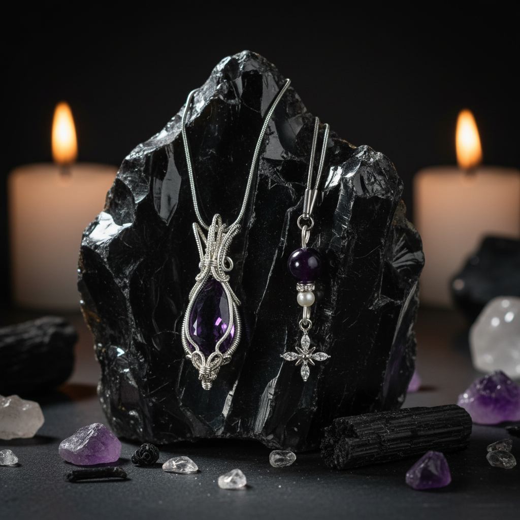 Pendentifs sur obsidienne et cristaux