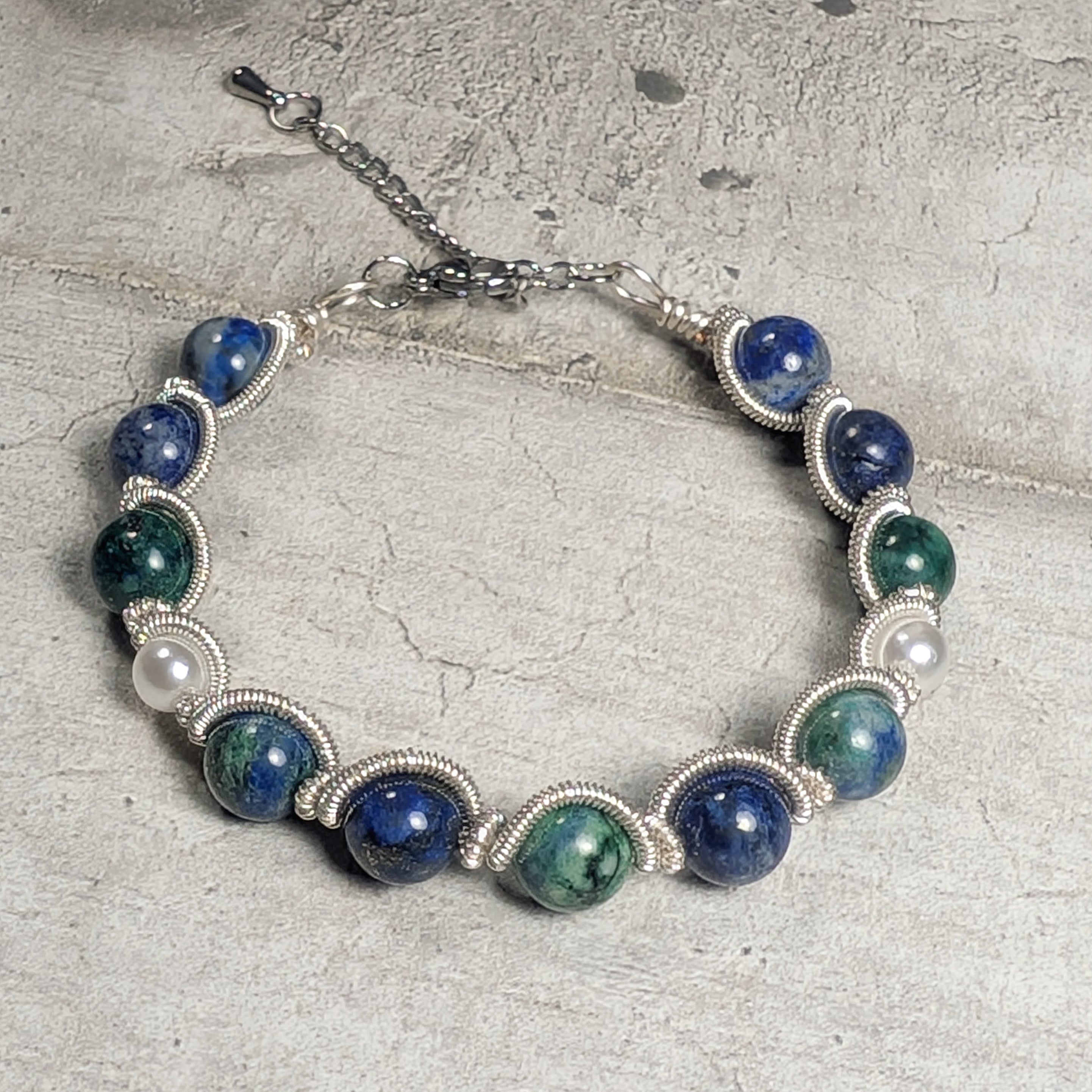 Bracelet Tressé Cuivre Patiné Argenté & Malachite Azurite | Pièce Unique
