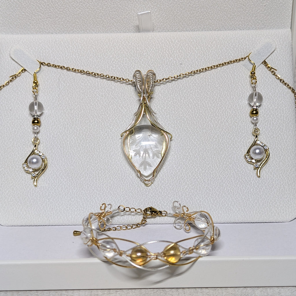 Parure Dorée & Argentée en Cuivre Patiné – Cristal de Roche