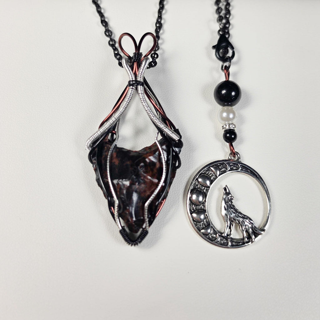 Pendentif obsidienne acajou wire wrapping cuivre patiné