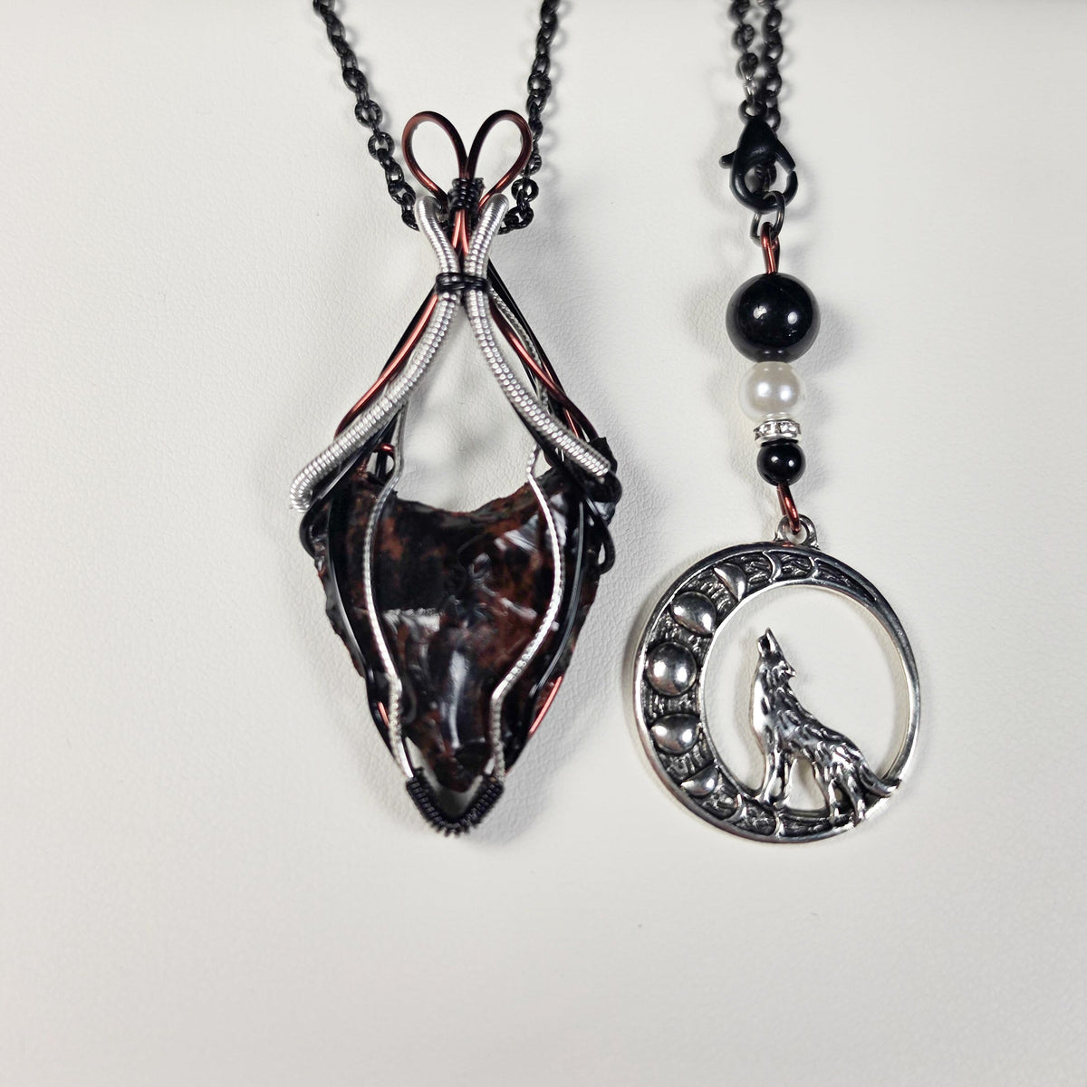 Pendentif obsidienne acajou wire wrapping cuivre patiné
